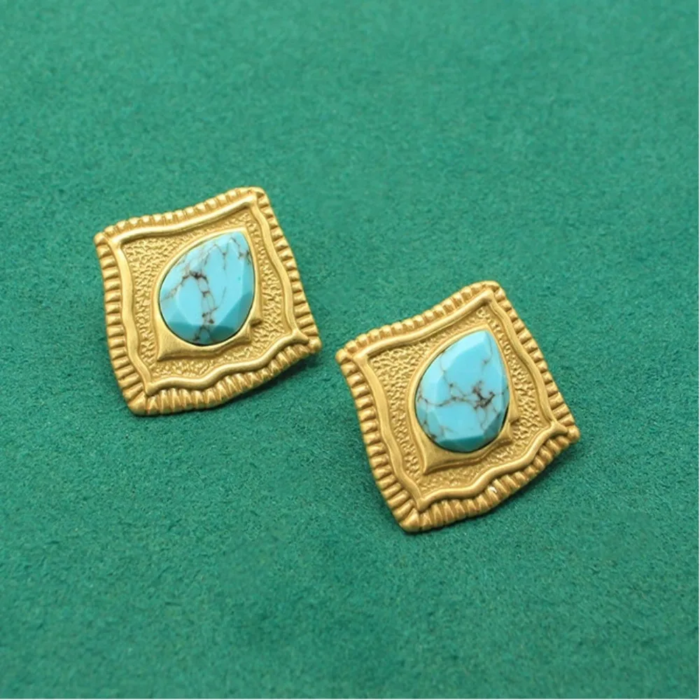 Distressed Vintage Faux Turquoise Diamond Earrings | Double-Sided Engraved | Niche Premium Design Studs M797