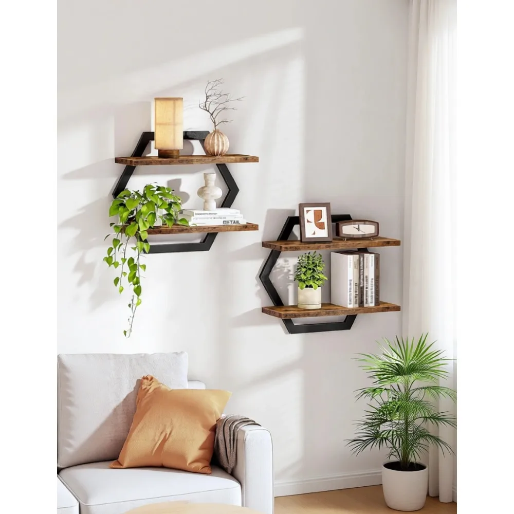 

Набор из двух шестигранных настенных полок-подвесов, двухъярусные, в деревенском стиле, коричнево-черные, для хранения в гостиной, спальне, на кухне, в офисе