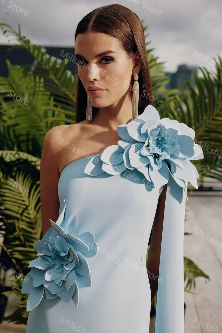 Céu azul sereia vestidos de noite apliques florais cetim vestidos de baile com xale longo até o chão vestidos de convidados de casamento personalizados