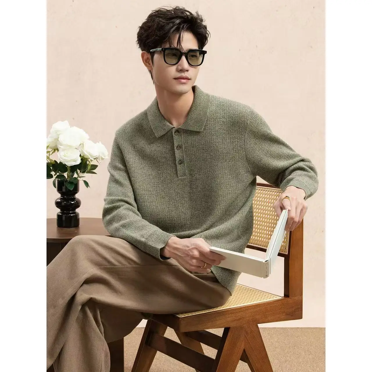 Men's Cashmere Polo Neck Long Sleeve Sweater Autumn Winter Warm Coat Casual Knitwear for Adults