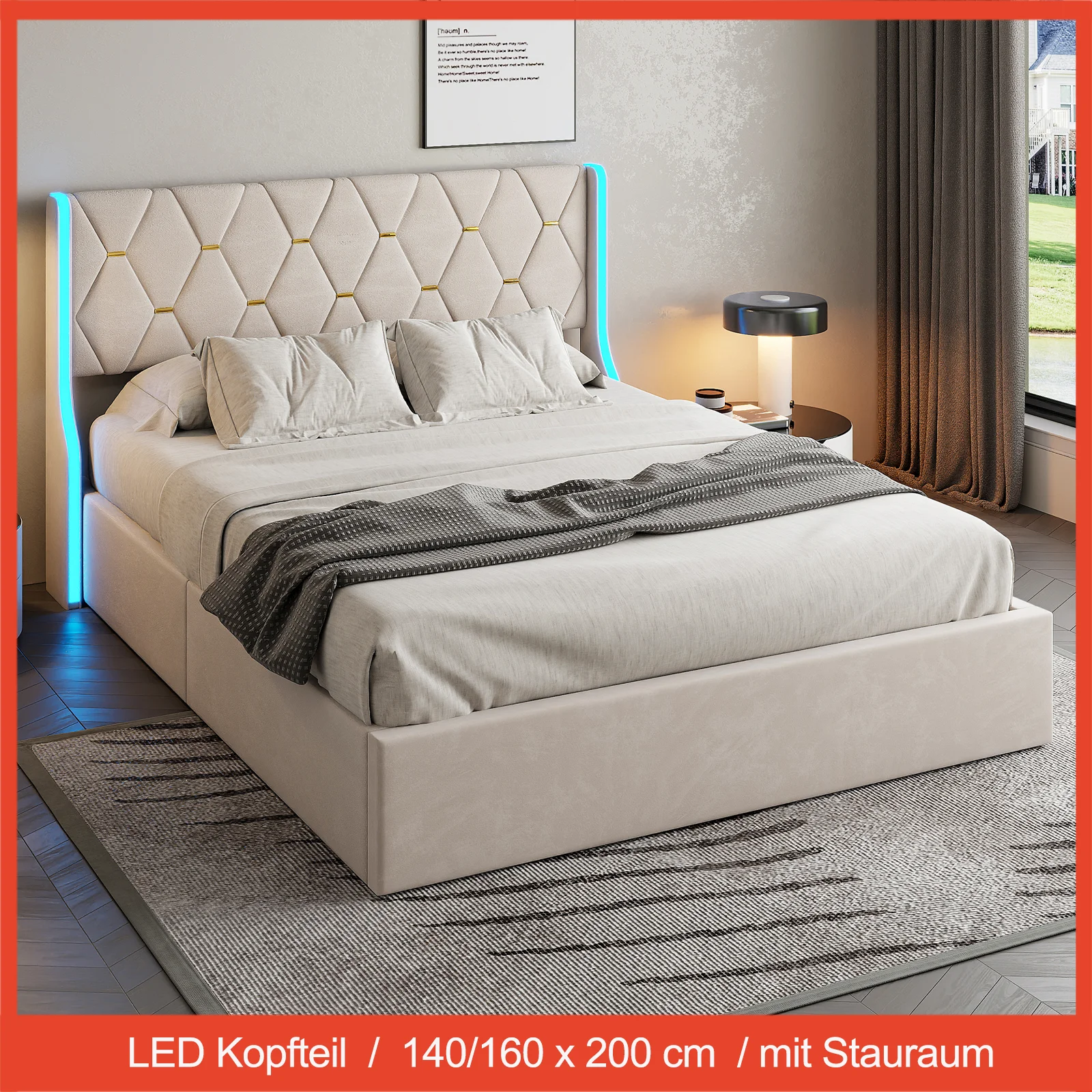 Hydraulic Storage Bed ,Upholstered Bed with LED Headboard,Slatted Frame ,Double Bed 140/160x200cm,Beige ,Velvet,Without mattress