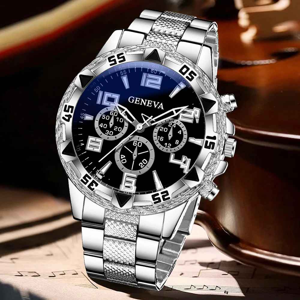 Hip Hop Iced Rhinestone Geneva Multi-function Watch Matching Full Crystal Cuban Link Necklace Bracelet For Men Party Daily Outfi