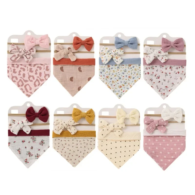 Ins Cross-border New Baby Drool Towel Set Double-sided Children's Printed Cotton Lace Bow Headband Bib