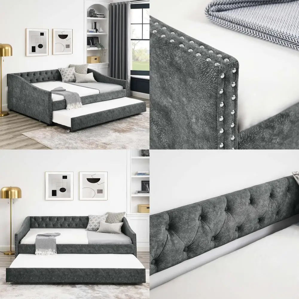 سرير نهاري حديث منجد من الكتان بالحجم الكامل مع أريكة معنقدة بأزرار وإطار سرير دولابي #1