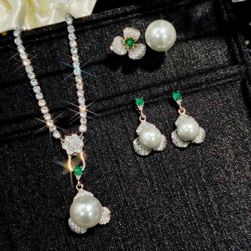 Natural Agate Chalcedony Shell Beads Comparable to Pearls Full Diamond Flower Open Ring for Women Versatile Pendant Earrings Set