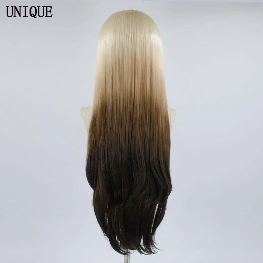 UNIQUEWIG Ombre Blonde Straight Wig Glueless Synthetic Lace Front Wigs for Women Long Heat Resistant Lace Synthetic Wig Cosplay