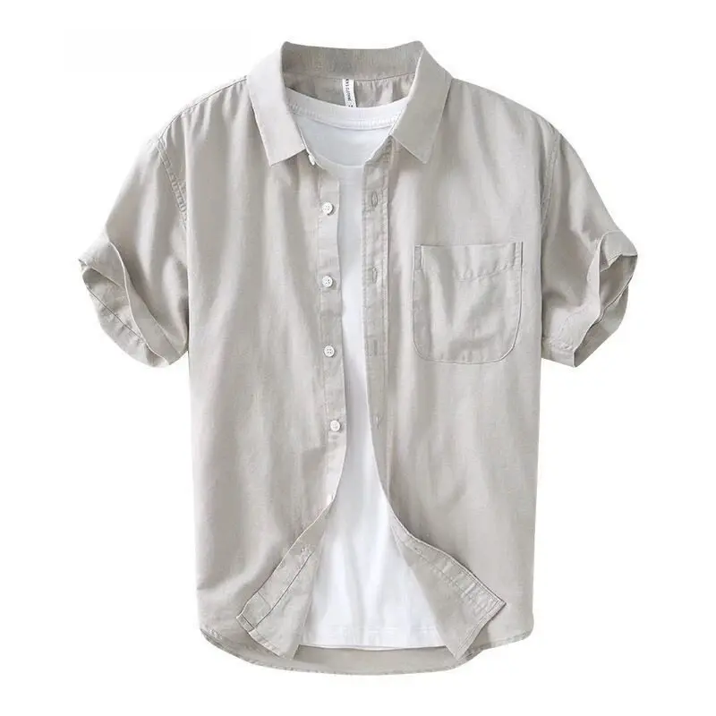 

Linseed Short Sleeve Collared Shirt Men Summer Cotton Linseed Loose Thin Casual Half Sleeve T-shirt Retro Citywalk Breathable