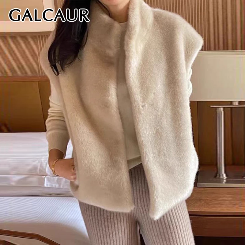 

GALCAUR Chic Spliced Fur Vests For Women Stand Collar Sleeveless Loose Casual Basics Winter Style Waistcoats Female Clothing New