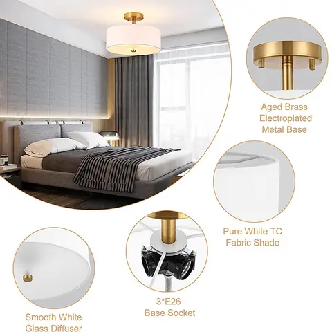 अमेरिकी शैली फैब्रिक लैंपशेड छत प्रकाश सरल सफेद फैब्रिक गोलाकार पोर्च लिविंग बेडरूम डाइनिंग रूम झूमर छत 10 best sales छत प्रकाश कवर - №8