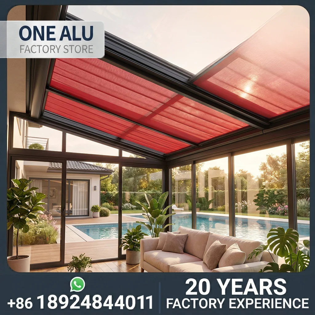 OneAlu Minimalist Motorized Awning: Red UV-Resistant Fabric Shade with Sleek Black Cassette Housing