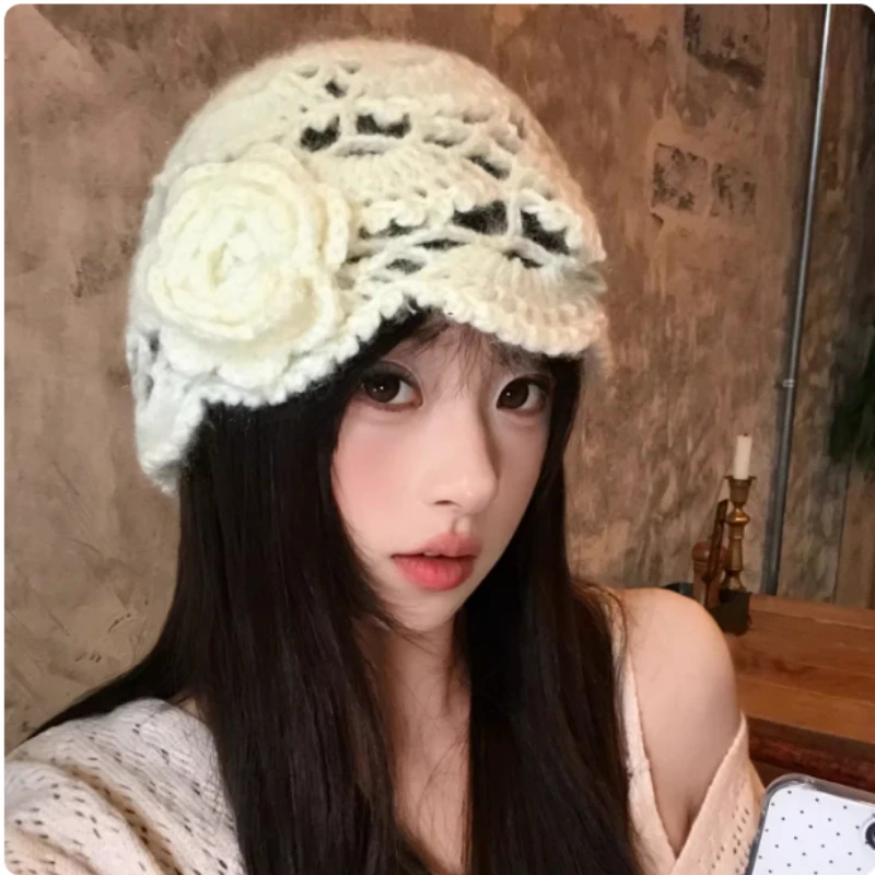 Korean Version Ins Hand-woven Three-dimensional Flower Knitted Hat Spring and Summer Niche Fashion Hollow Breathable Beanie Cap
