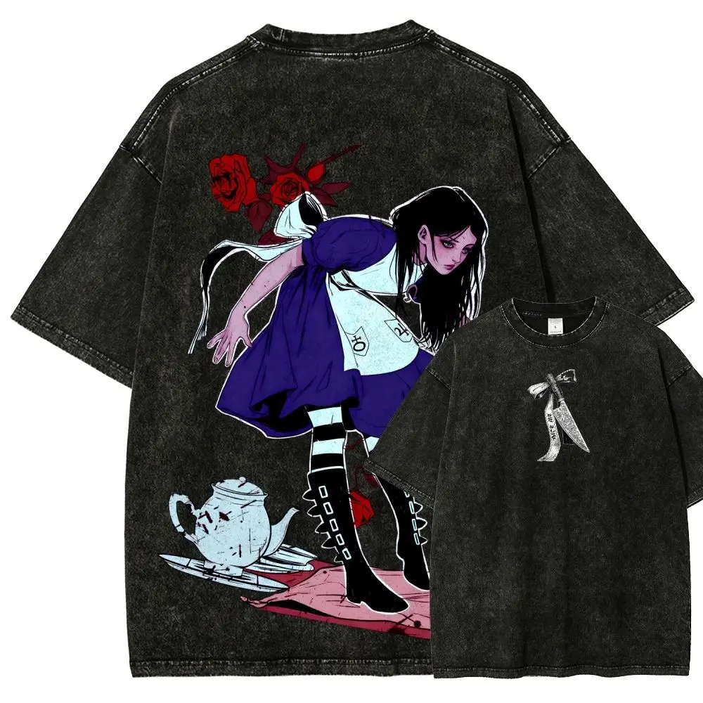 Alice Madness Returns Washed Print T Shirt Hip Pop High Street Clothes Y2k Oversized Couples Classic Streetwer All SeasonsUnisex