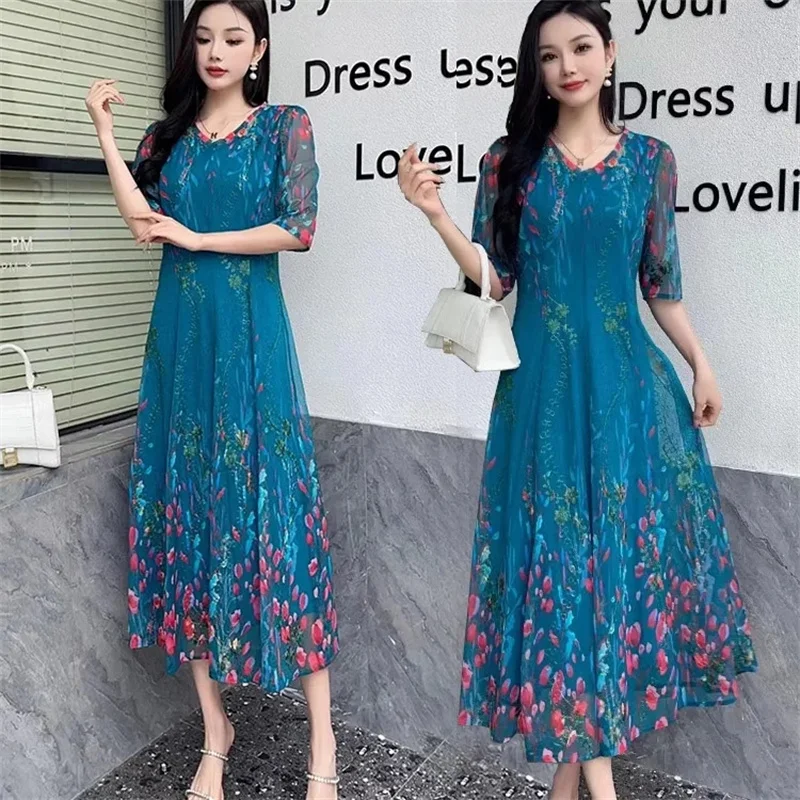 2024New Summer Female Short Sleeve Embroidery Middle Aged Mom Noble Mesh Heavy Lndustry Embroidery Dress Women Temperament Skirt