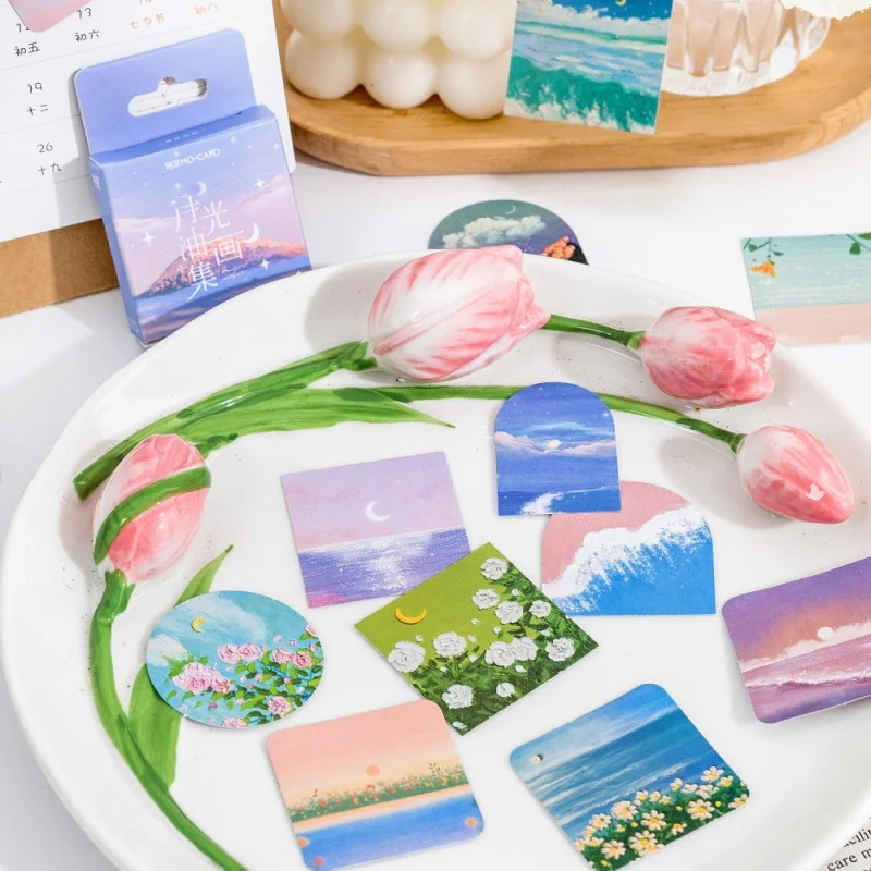 50PCS Moonlight Landscape Oil Painting Stickers Decorative Clipping Stickers Aesthetic Stationery School Supplies