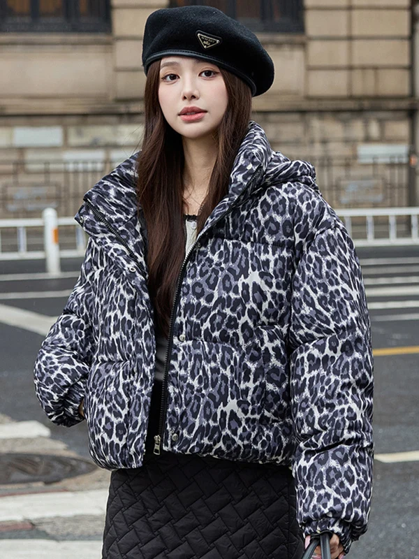

Winter Thiened down Cotton Jaet Women's ort Bread Sle Faion Leopard Print Padded Coat Korean Loose Fit Zipper ket