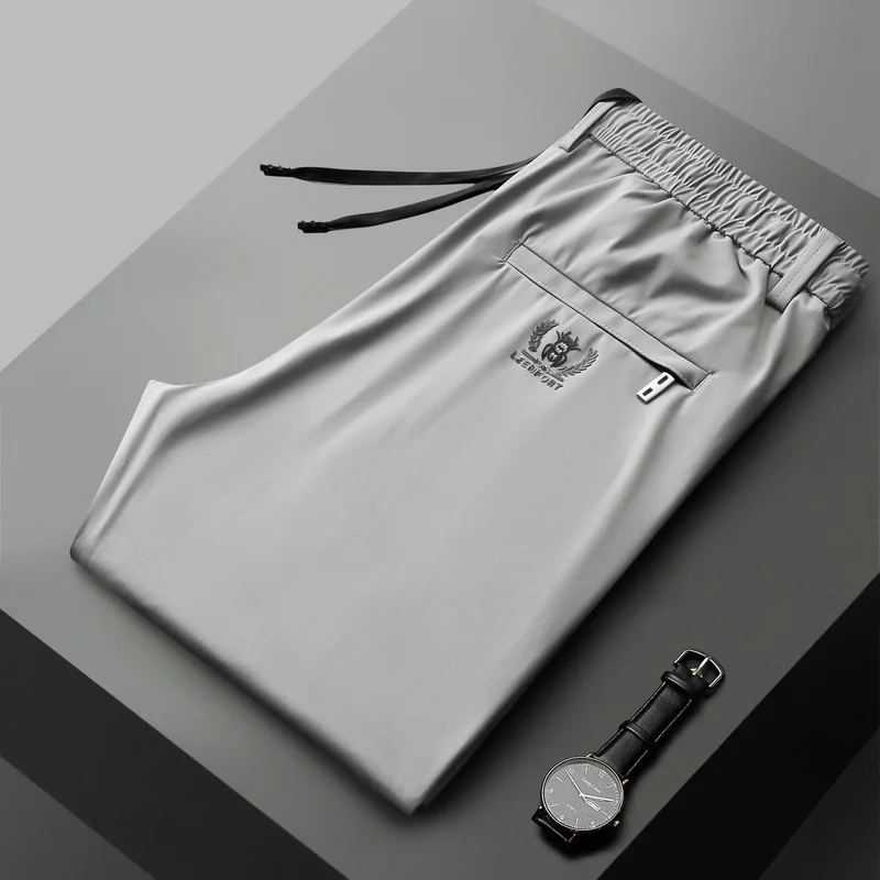 High end ice silk pants, men's elastic casual pants, men's elastic waist, loose and sporty quick drying thin straight leg pants