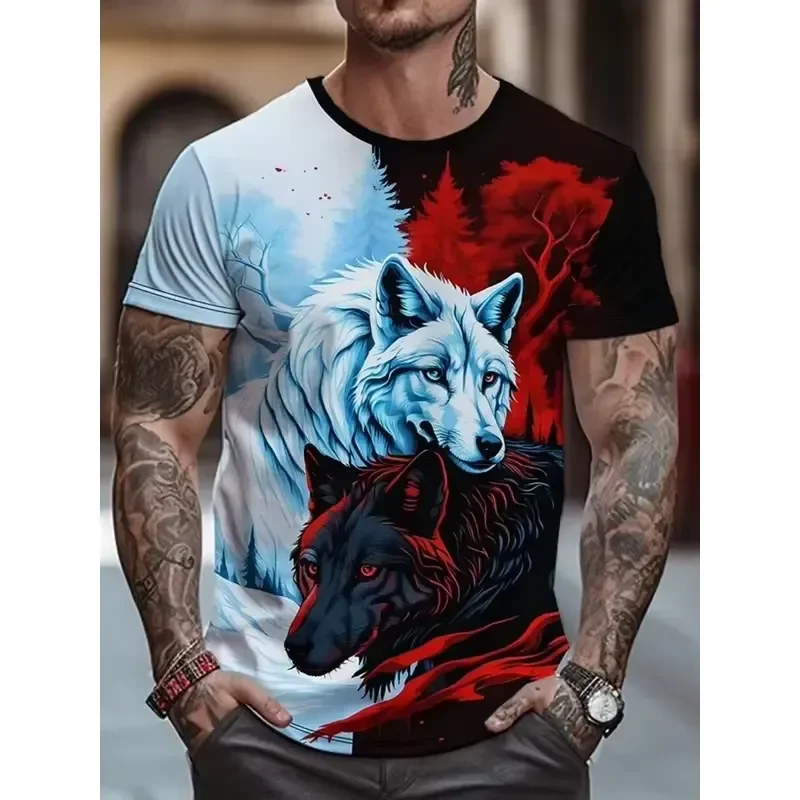 Men's Wolf Print T Shirt 2026 Summer Breathable Round Neck Tee High Street Casual Outdoor Top Fashionable Domineering Graphic