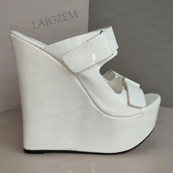 LAIGZEM Women Platform Wedges Pumps Slip On Ladies Peep Toe Shiny High Heels Sandals Ladies Shoes Woman Large Size 41 43 45 47