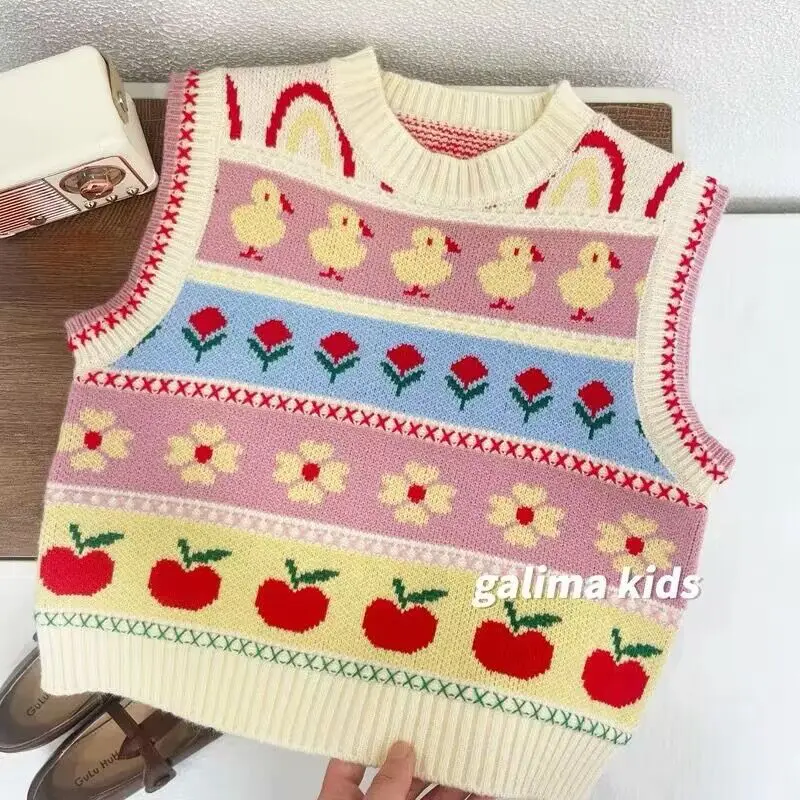 2022 Autmn Girls Cute Flower Knitted Vest Baby Kids Children Waistcoat Outerwear