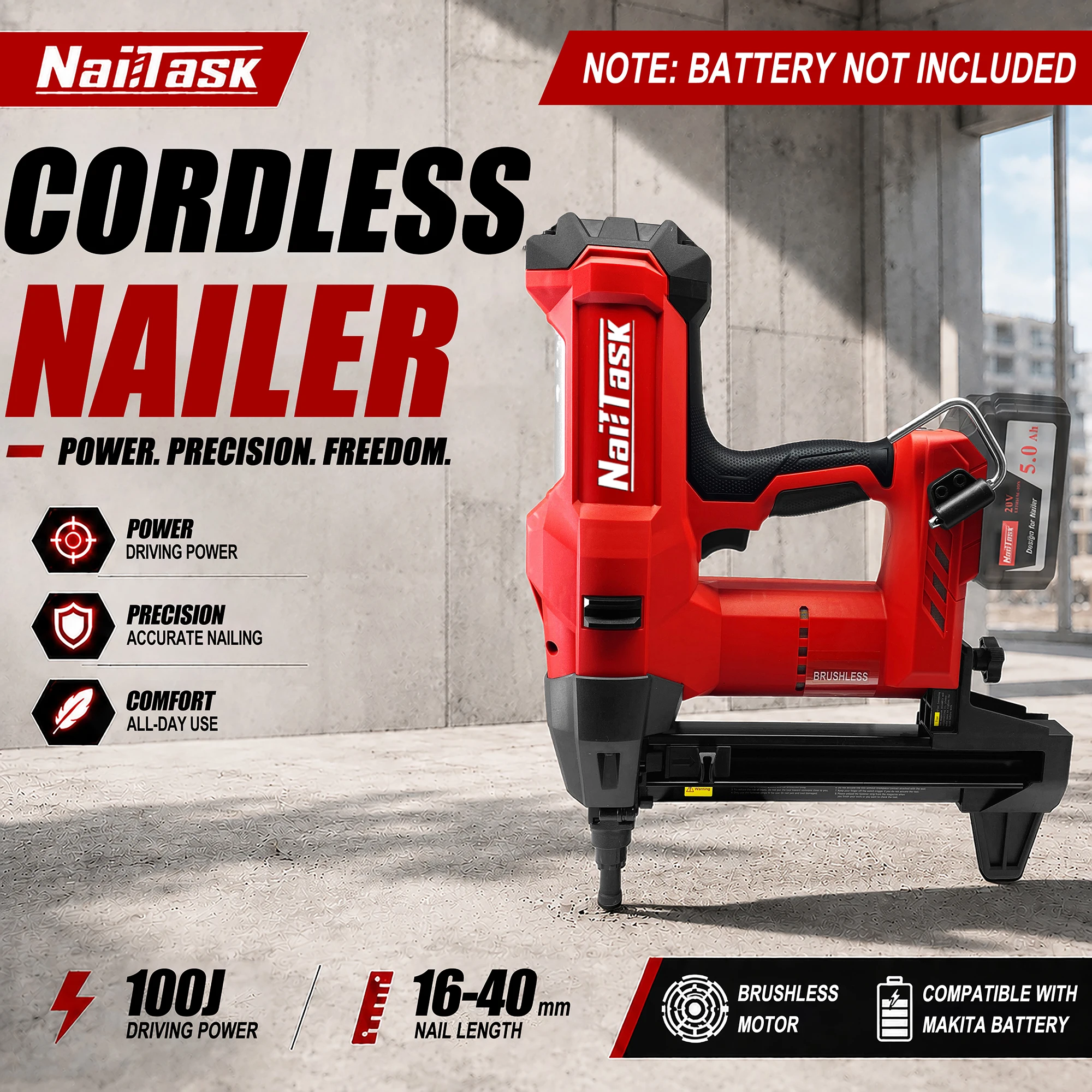 NailTask Brushless Cordless Concrete Nailer 100J Nail Gun for 16-40mm Nails Compatible with Makita Battery Heavy Duty Use