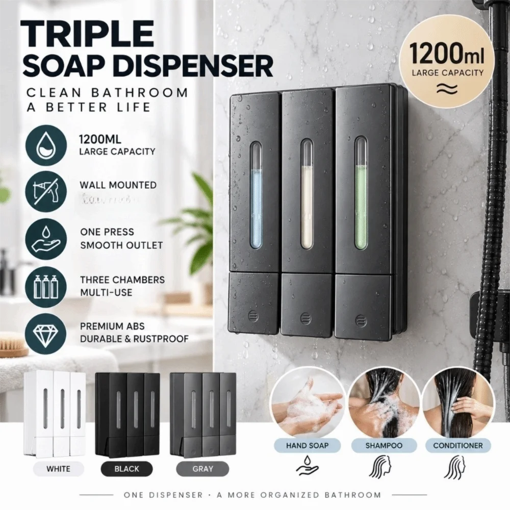 ABS Soap Dispenser White Black Grey Wall Mounted Design Shower Soap Dispenser 1200ml Capacity 3 Chamber Structure