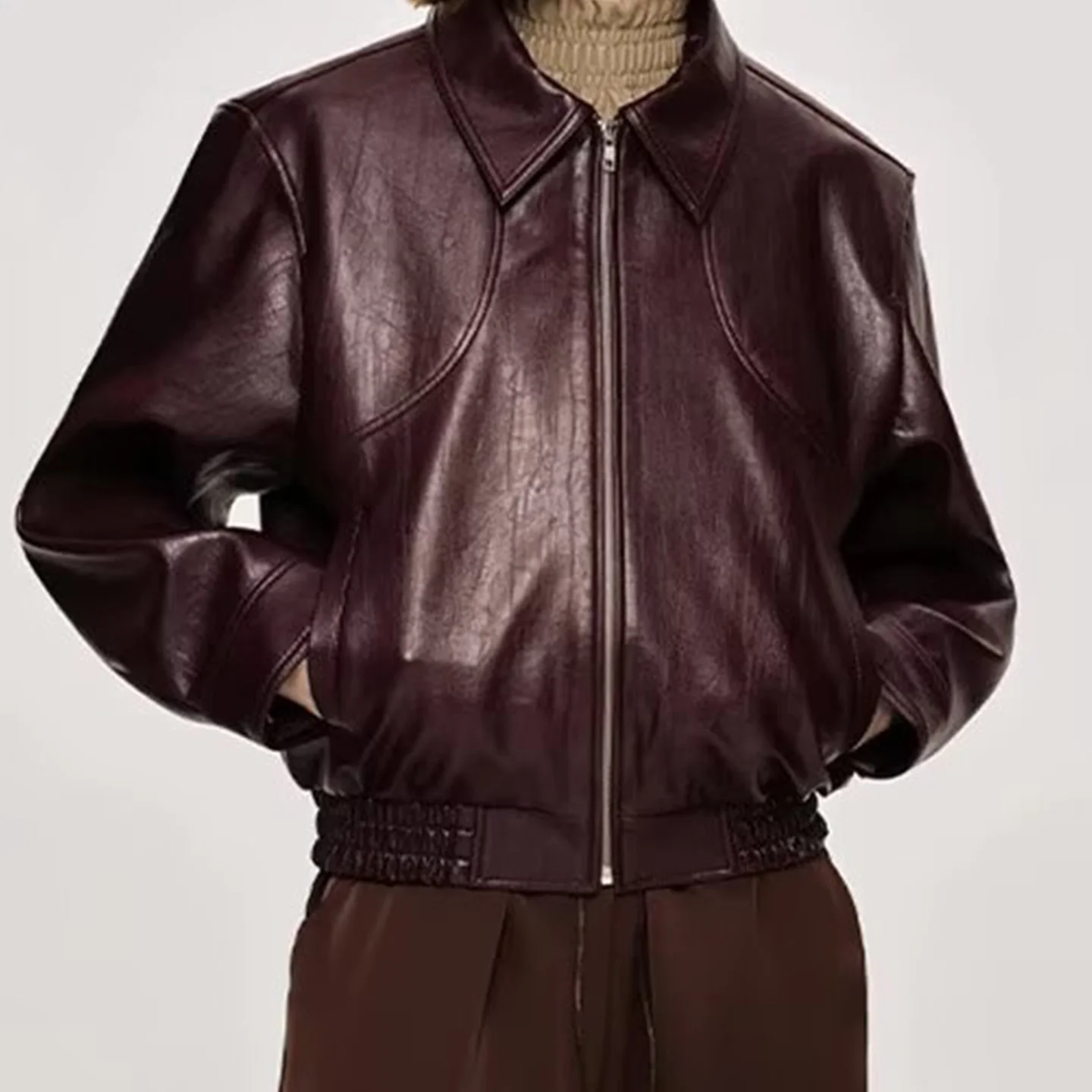 Gola casual de couro Jaet feminino versátil rua sle zíper longo sve solto ajuste outerwear para a temporada outono