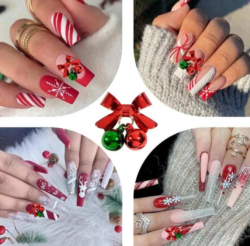 18 pçs/caixa natal rosa vermelho ouro prata arco sino encantos do prego liga de metal sino decorações da arte do prego inverno ano novo bonito unhas #