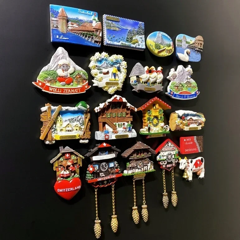 Fridge Magnets Switzerland Ski Scenery Cuckoo Clock Zermatt Diemtigtal BergeLake Luzern Jungfraujoc Residence Swiss Dairy Cattle