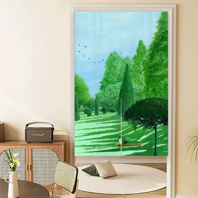 VIKAMA Minimalist Green Tree Noren Door Curtain Grassland Watercolor Print Polyester Partition Curtain For Entryway Home Decor - view 3