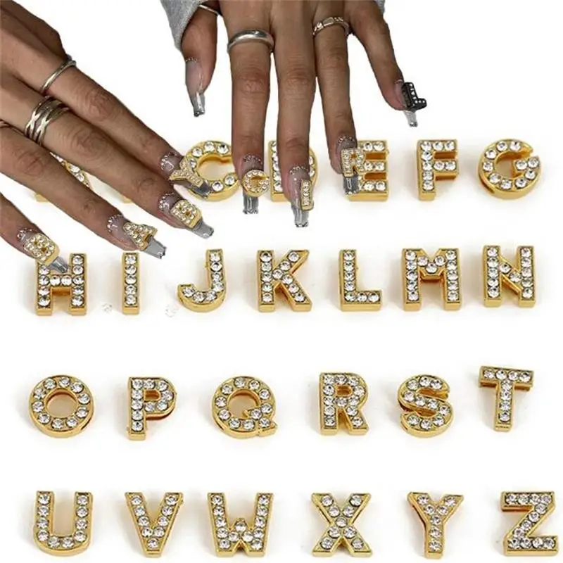 26pcs Gold Alphabet Acrylic Pendant Nail Accessories A-Z 26-Letter Nail Art Charms With Rhinestones DIY Jewelry Making Supplies*