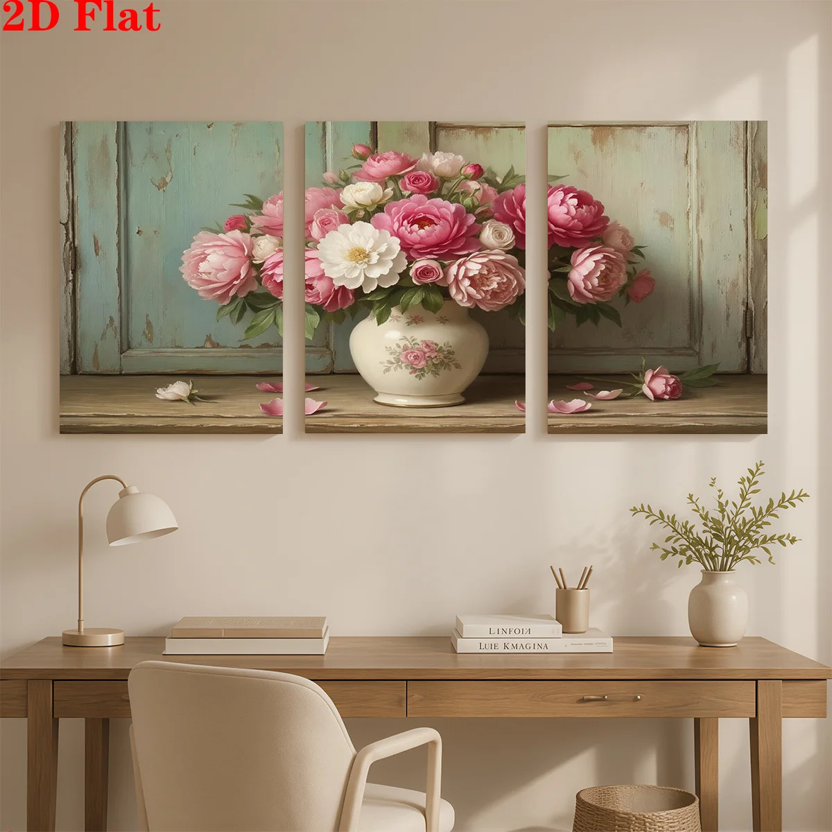 Frameless canvas 2D 3pcs Canvas Art Wall Hanging- A bouquet of peonies in a floral vase. Suitable for Decorating Offices, Din