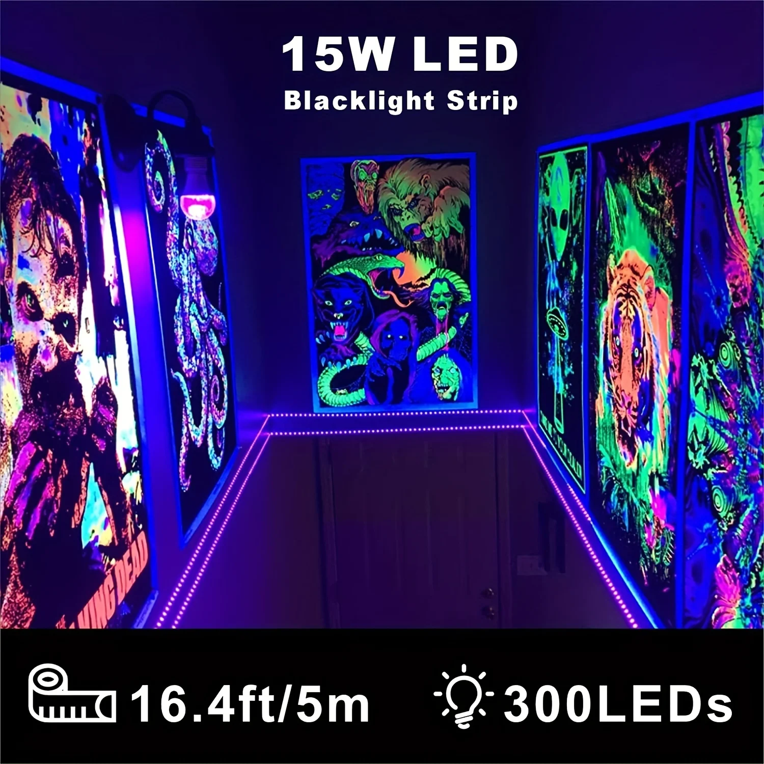 Czarna taśma LED UV, fioletowa taśma LED 16,4 stopy/5 m 12 V DC SMD3528 300 diod UV niepowlekane, niewodoodporne oprawy Blacklight