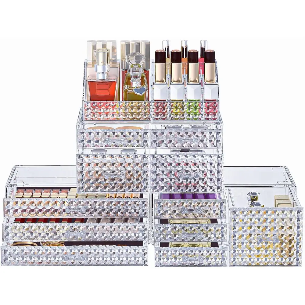 

Набор из 4 штук: Настольный органайзер для косметики (обновленная версия), акриловый, большой емкости, с 11 выдвижными ящиками для хранения кистей, парфюмерии и т.д.