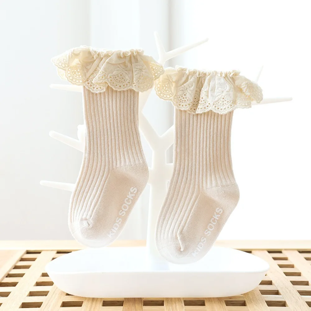 Non Slip Dots Baby Socks Mid Calf Length Lace Trim Kids Mid Calf Socks Anti Skid Bottom Soft Fabric Girls Socks Home Activity