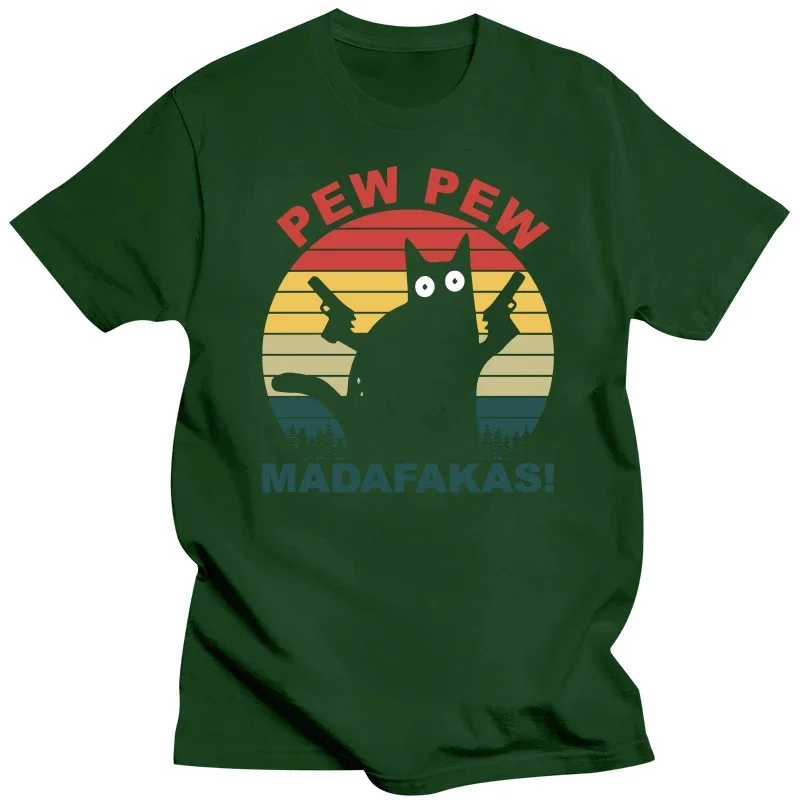 Humor Pew Pew Madafakas Tshirts Men Short Sleeved Print T Shirt Unique Black Funny Cat T-shirt Slim Fit Cotton Tee Tops Oversize