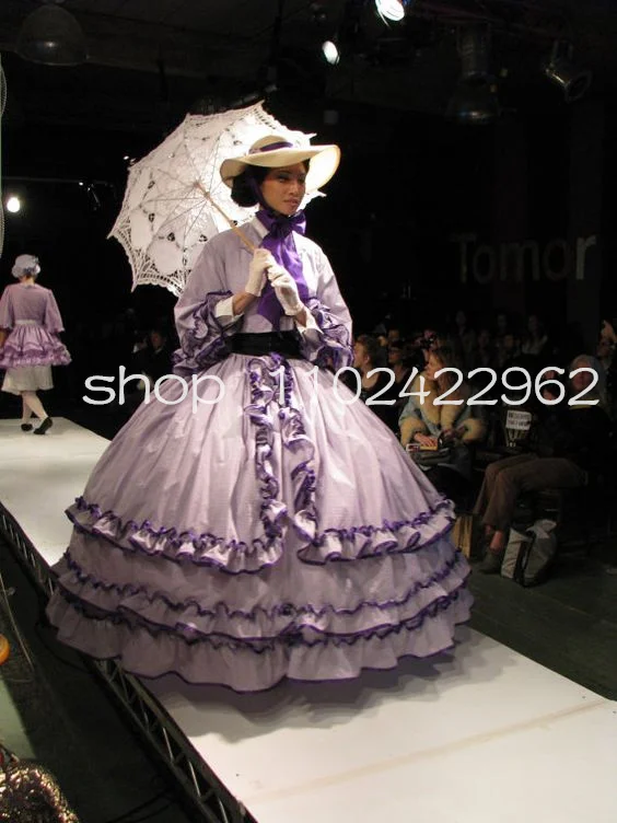 Lilac Purple Victorian Walk Tea Evening Dress for Women Half Sleeve Ruffles Ruched Bustle Corset Prom Gown History Fashion