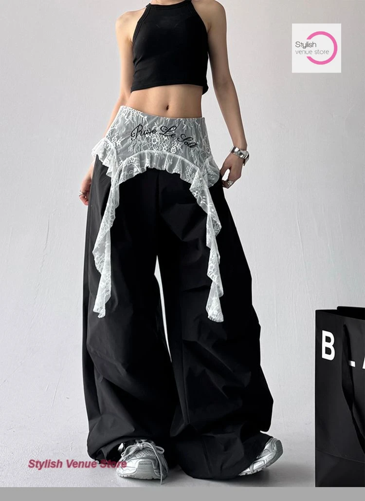 American fashion Joker lace stitching loose fart curtain casual pants women's summer temperament casual fake two wide-leg pants
