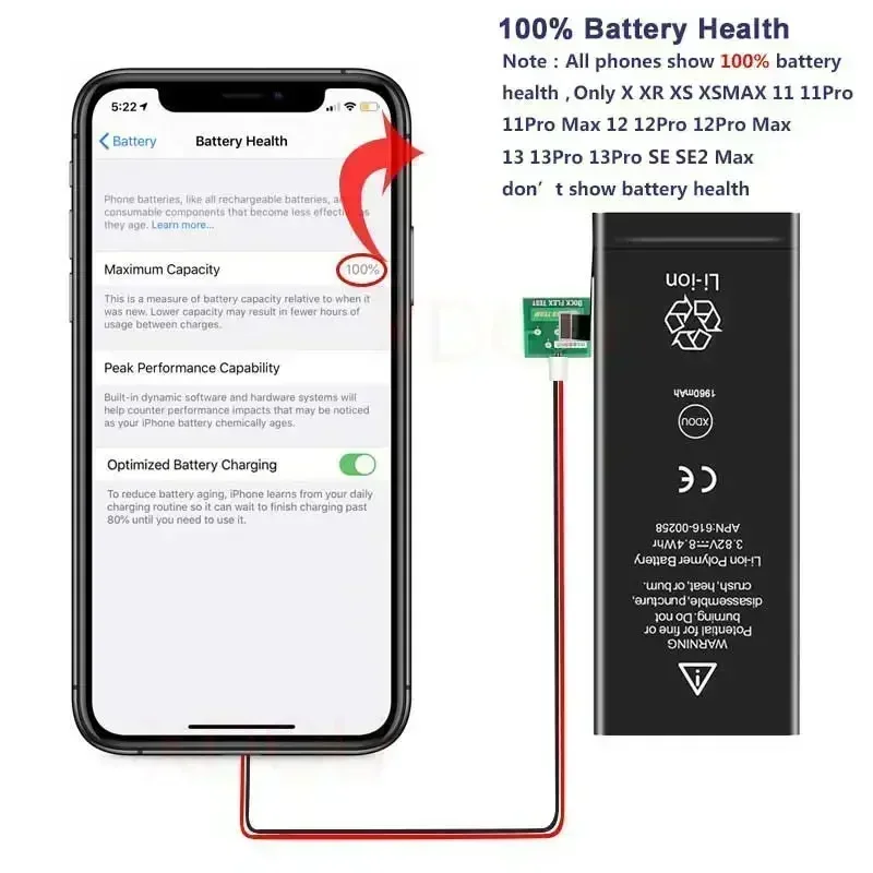 Original Phone Battery for IPhone 5S 5 6S 6 7 8 Plus X SE SE2 XR XS 11 12 13 Mini 14Pro Max Replacement Bateria