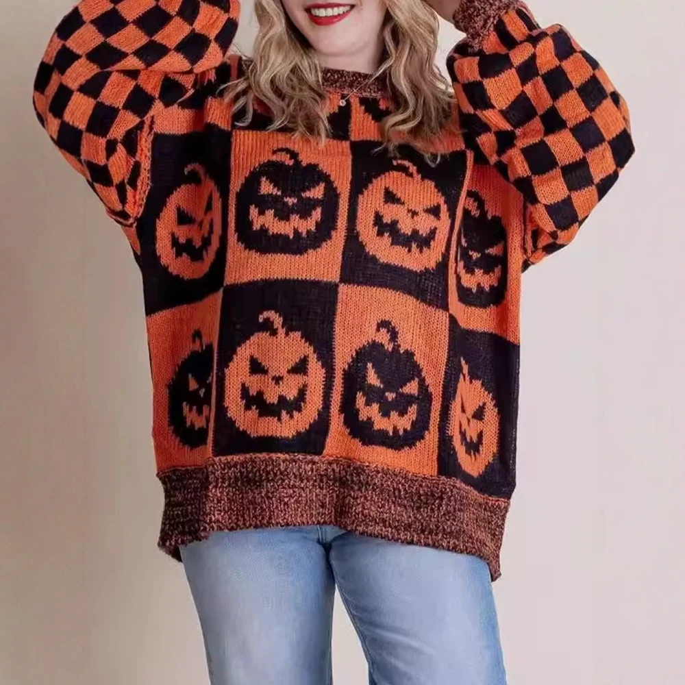 

UNIKTEE женский осенне-зимний свитер с длинным рукавом и круглым вырезом, шикарный милый контрастный цветной клетчатый топ в клетку с тыквой на Хэллоуин