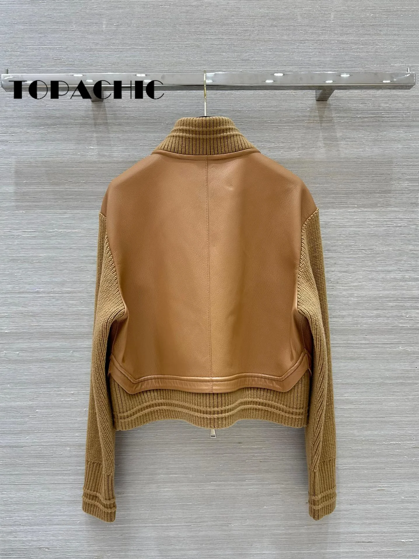 9.1 TOPACHIC-Women High Quality Coarse Yarn Knit Long Sleeve Spliced Genuine Leather Jacket Casual Straight Sheepskin Zipper