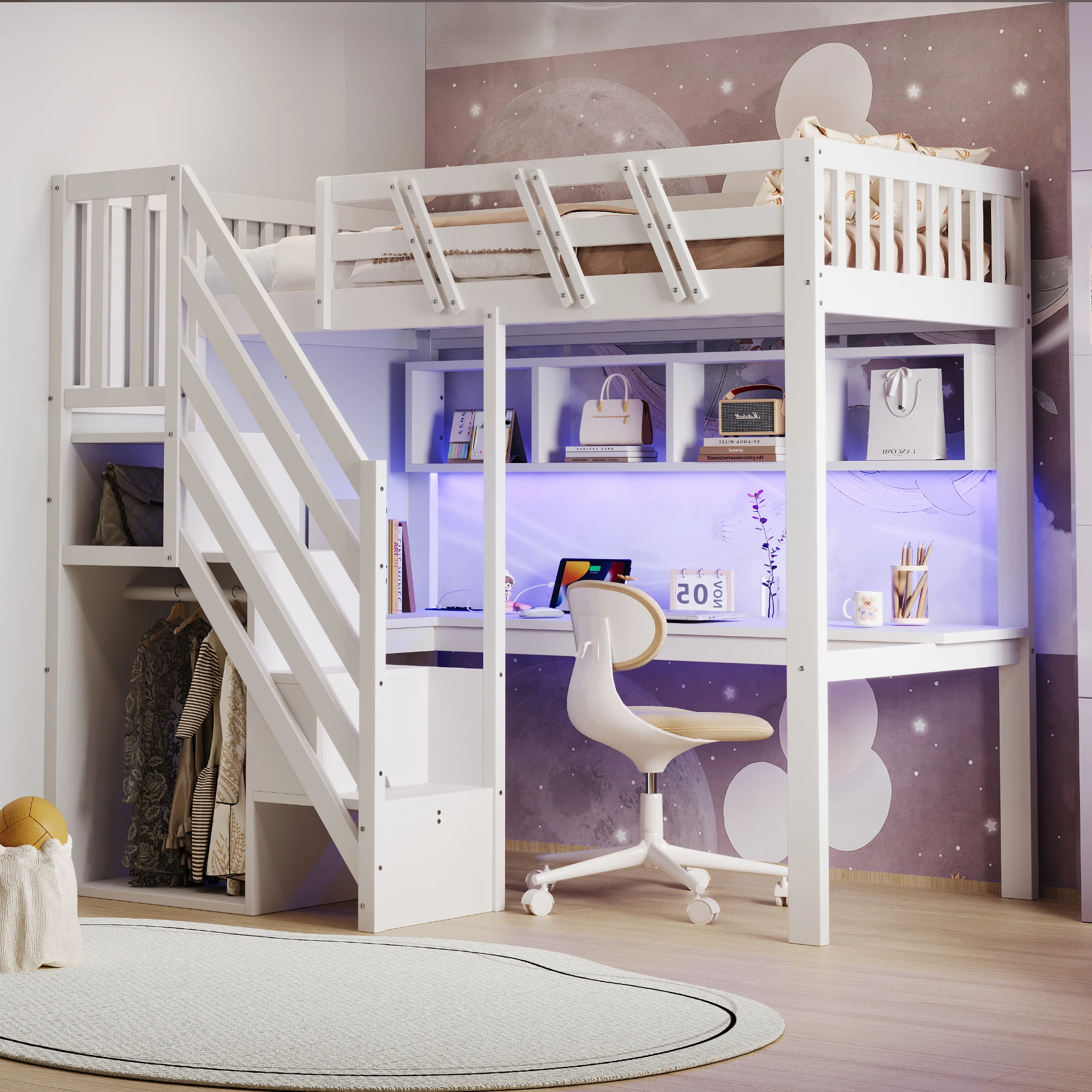 Massivholzbett 90/140*200, Treppe mit Stauraum, mit Schreibtisch, mit USB-Anschluss und mit LED-Beleuchtung, Kinderbett, Einzelbett