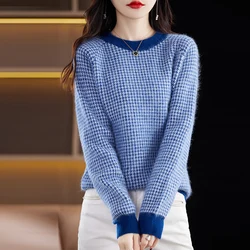 2023 Winter New 100% Mink Cashmere Round Neck Thickened Women's Clothes Thousand Bird Check Knit Pullover Colored Sweater BR-083