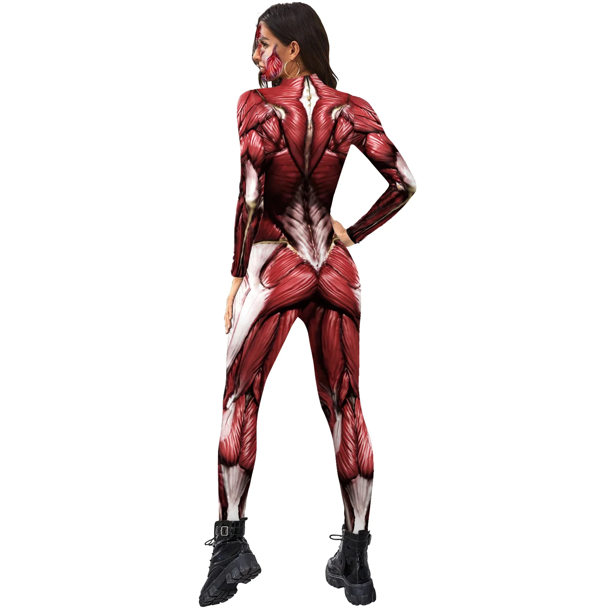 3D กล้ามเนื้อมนุษย์รูปแบบ Jumpsuit อะนิเมะยักษ์คอสเพลย์เครื่องแต่งกายฮาโลวีนบอดี้สูท Spandex Zentai Party ผู้ใหญ่ Zipper Rompers