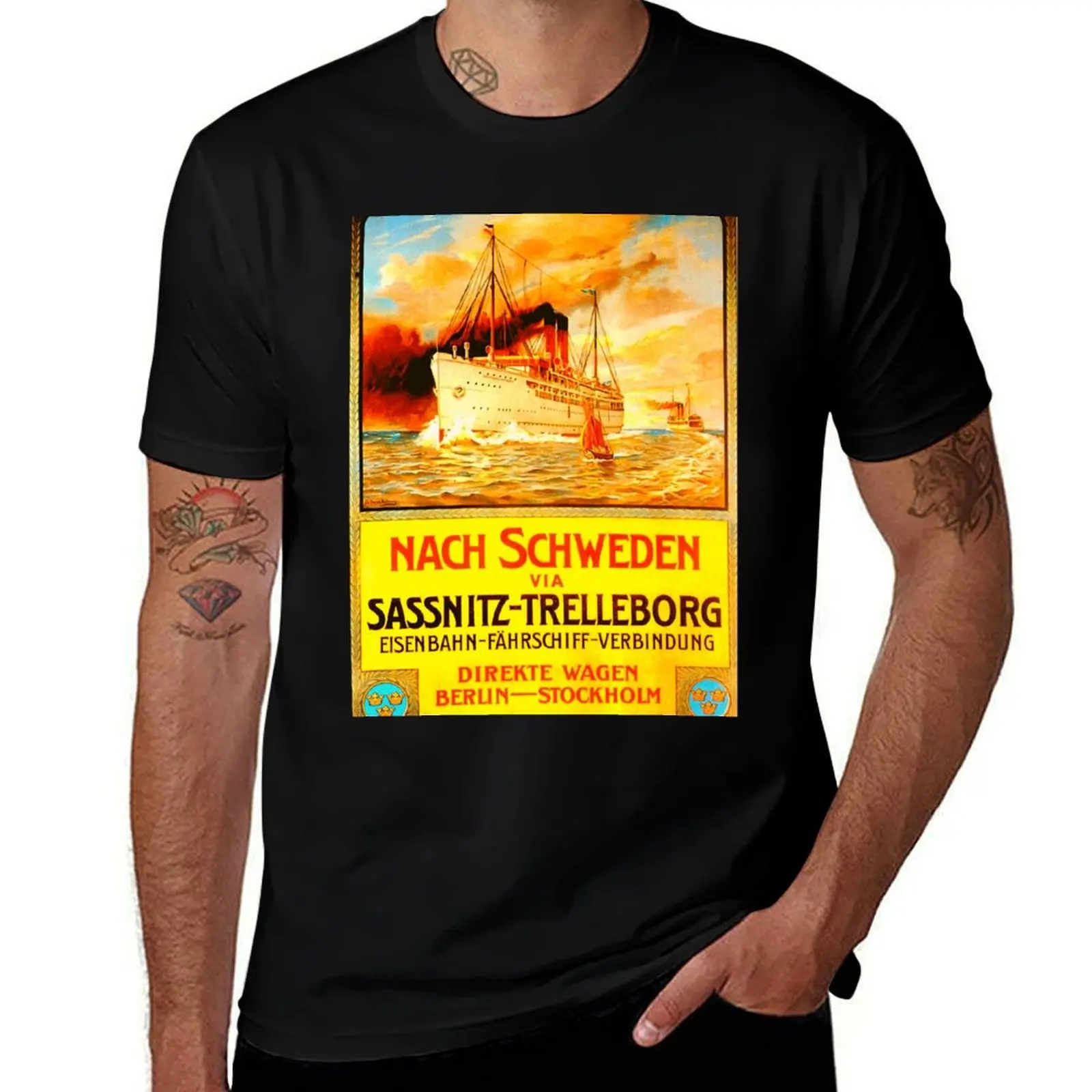 Sassnitz to Trelleborg - German Ferry (1909) - Classic Vintage Retro Travel Poster T-Shirt Performance Workout Short Sleeve Tee