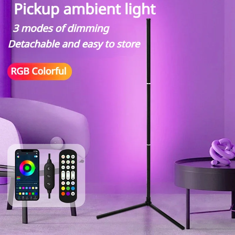 Narożna lampa podłogowa z możliwością przyciemniania 125cm stojak Bluetooth RGB nastrojowe oświetlenie LED do sypialni dekoracje domowe w stylu