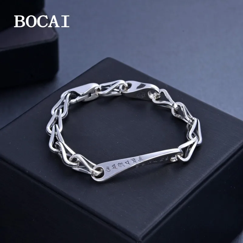 

BOCAI New S925 Sterling Silver Retro Domineering Geometric Six Character Mantra Melon Seeds Bracelet Male and Female