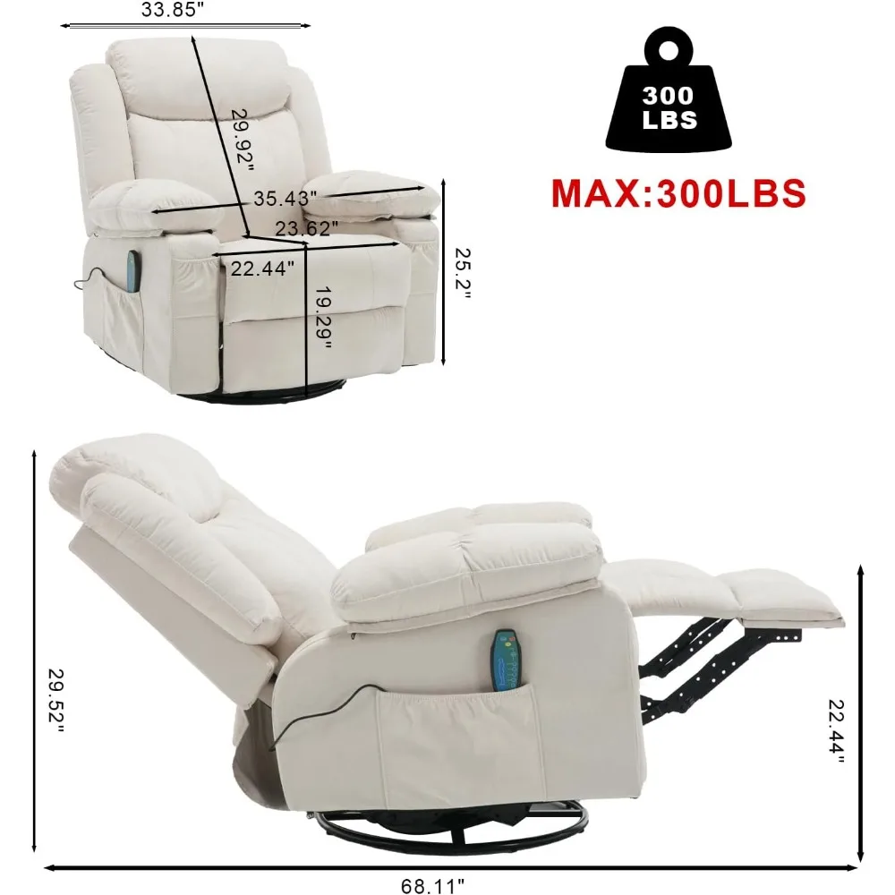 Massage Rocker Recliner Chair with Heat for Adult, Fabric Overstuffed Swivel Recliners Single Sofa Reclining Rocking Manual Home