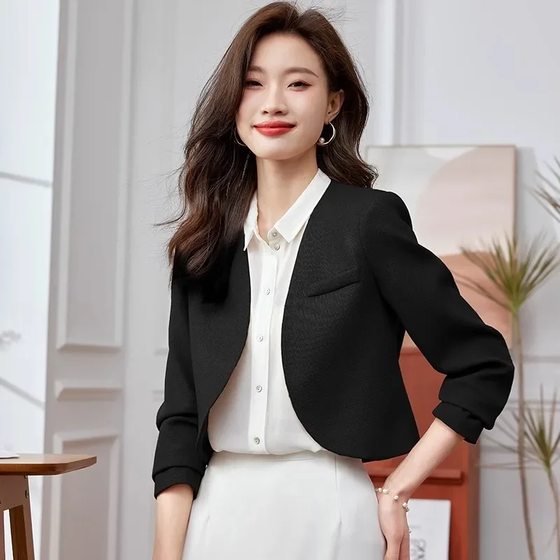 Sólido bege sem gola jaqueta curta frança designer formal blazers elegantes mulheres senhora do escritório primavera jaquetas casaco de moda coreana