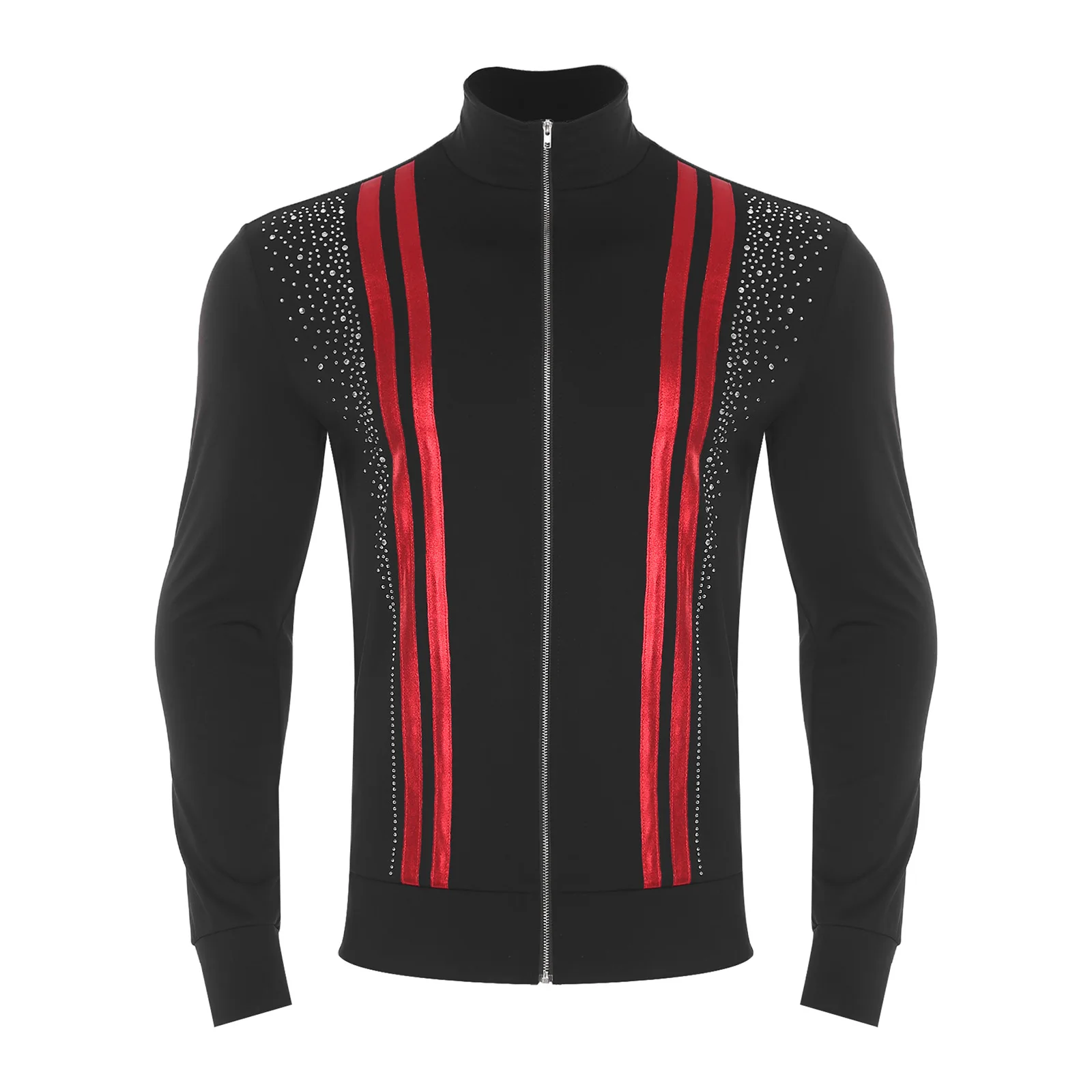 

Men Lyrical Metallic Stripes Rhinestones Jacket Long Sleeve Slim Fit Shirt Coat for Gymnastics Latin Tango Ballroom Dance Coats