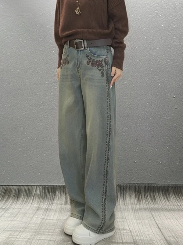 

Женские джинсы Ele с вышивкой, высокой талией, свободные, широкие штанины, повседневные, из премиального денима, коллекция Весна